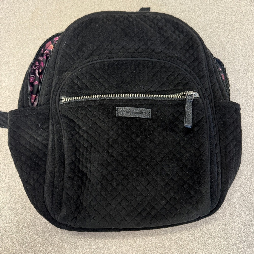 Vera Bradley Black Velvet Quilted Backpack Woodland Fox Floral Interior Lining